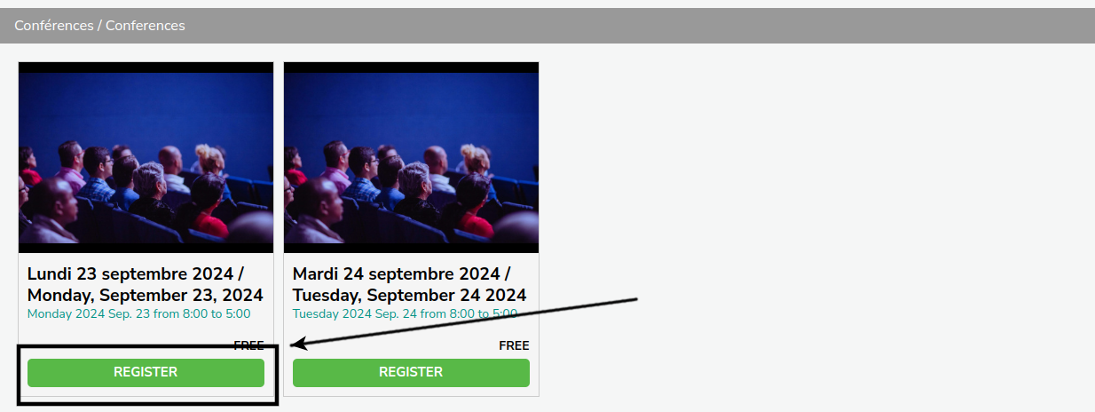 Screenshot of the conference days activities, the Register button at the bottom of the first activity is highlighted and an arrow points to it