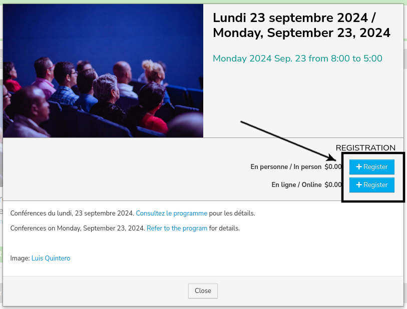 Screenshot of the activity details popup, the Register buttons next to En personne / In person and En ligne / Online are highlighted and an arrow points to them