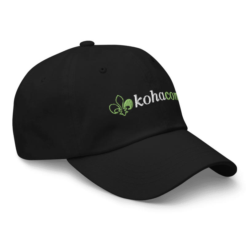 Black cap with the kohacon24 logo embroidered on the front (3/4 view)