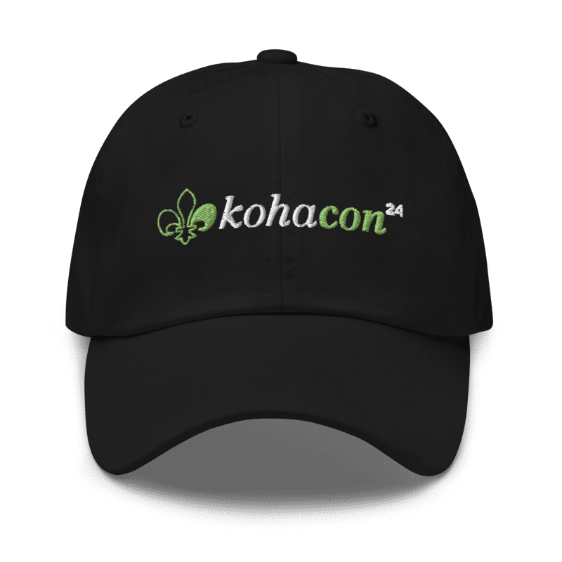 Black baseball cap with the kohacon24 logo embroidered on the front