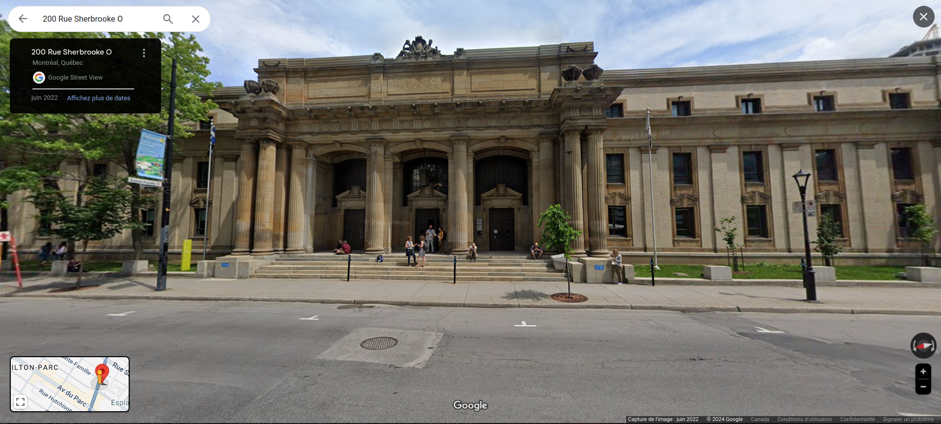 Google Street View of 200, Sherbrooke St. West. The building is a sand-coloured neoclassic with the inscription L'Ecole Technique De Montreal and three big entry ways.