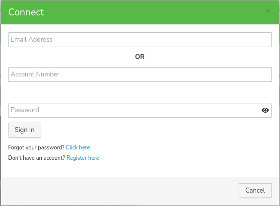 Screenshot of the login form asking for email address or account number and the password