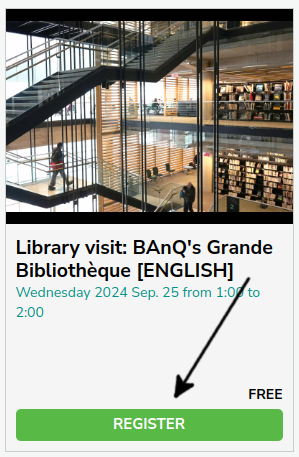 Screenshot of an activity card with an arrow pointing to the Register button at the bottom