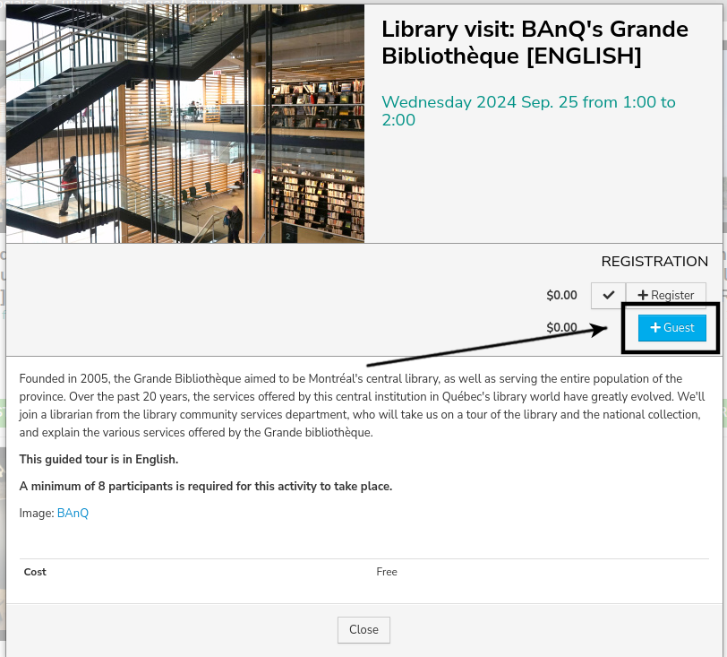 Screenshot of an activity details page, an arrow points to the Guest button on the right