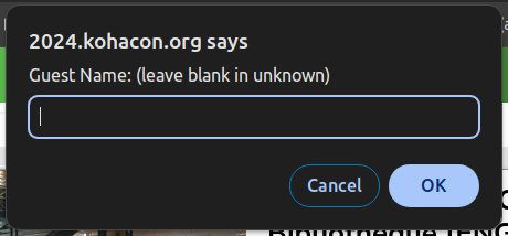 Browser dialog box reading Guest Name: (leave blank in unknown) with a text field