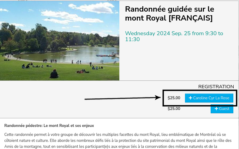 Screenshot of an activity details page, an arrow points to the register button on the right which has Caroline Cyr La Rose's name on it
