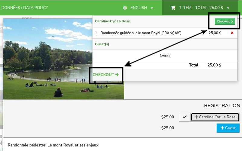 View of the cart with the 25$ activity, the two checkout buttons are highlighted