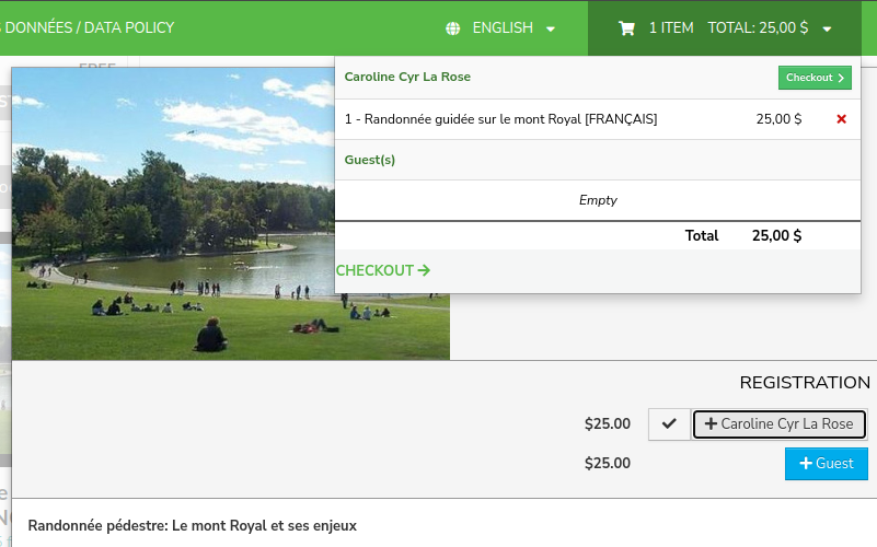 View of the cart with the 25$ activity