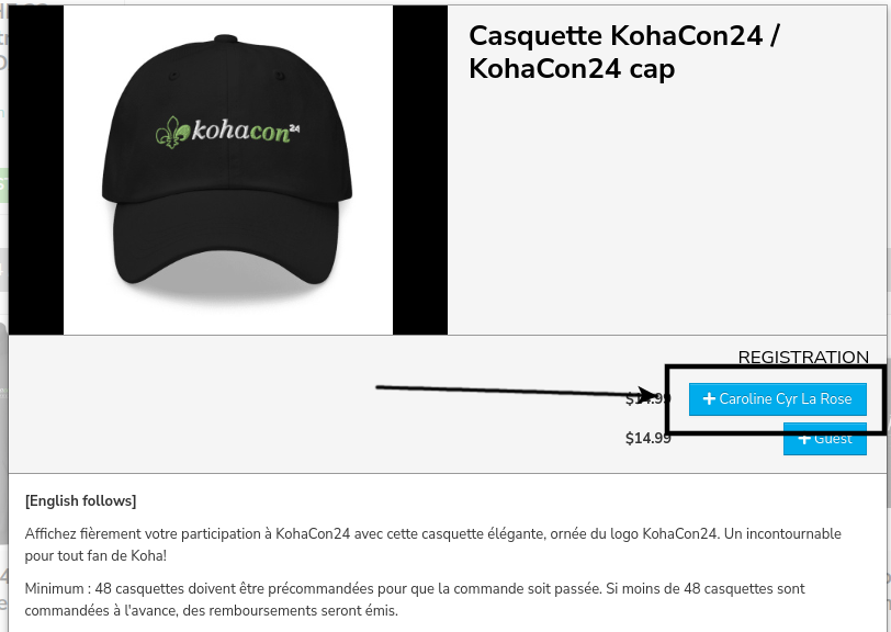 Screenshot of a merch details page, an arrow points to the register button on the right which has Caroline Cyr La Rose's name on it