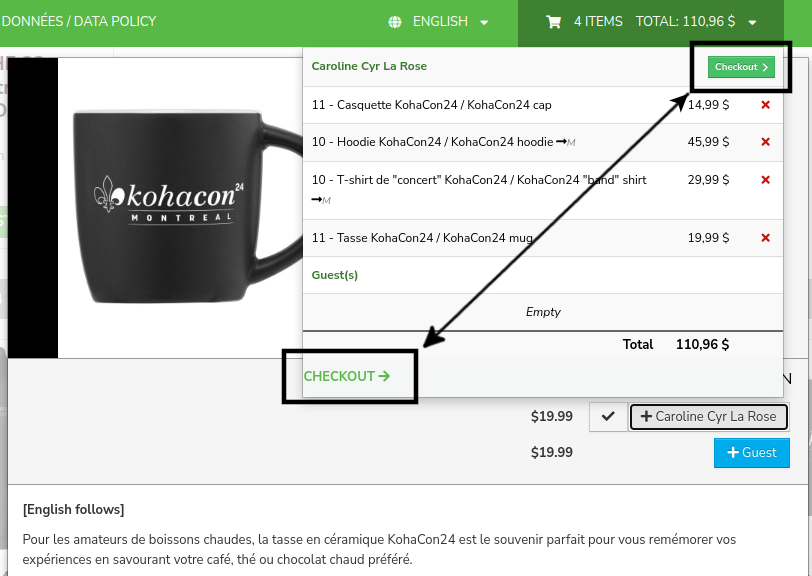 View of the cart with merch, the two checkout buttons are highlighted