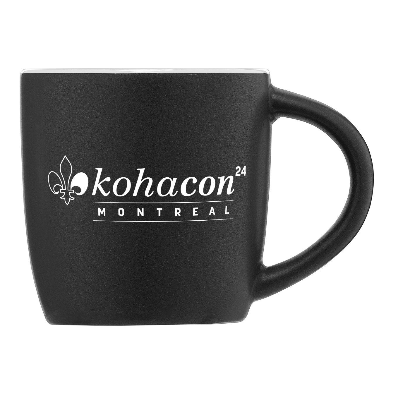 Tasse en céramique noire avec le logo KohaCon24 Montréal imprimé en blanc