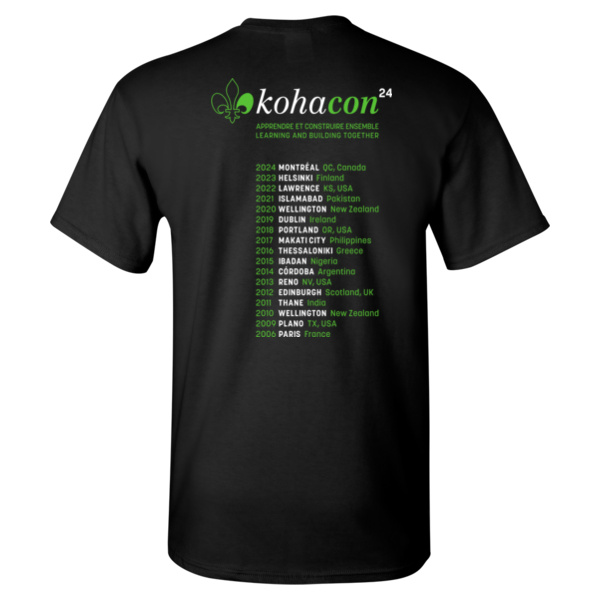 Black t-shirt with the KohaCon24 logo on the top back and a list of cities and dates down the back